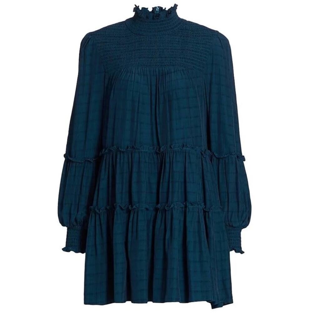 Cinq a Sept Rika Dress Peacock Blue Plaid Mini Ruffle Long Sleeve size 2